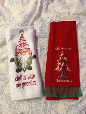 Christmas Gnome & Festive Shoe Tree Kitchen Towels - Red & White